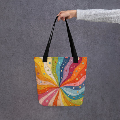 Polyester tote bag featuring a 70s retro rainbow quilt sunburst design with colorful swirling wavy stripes and tiny flowers.