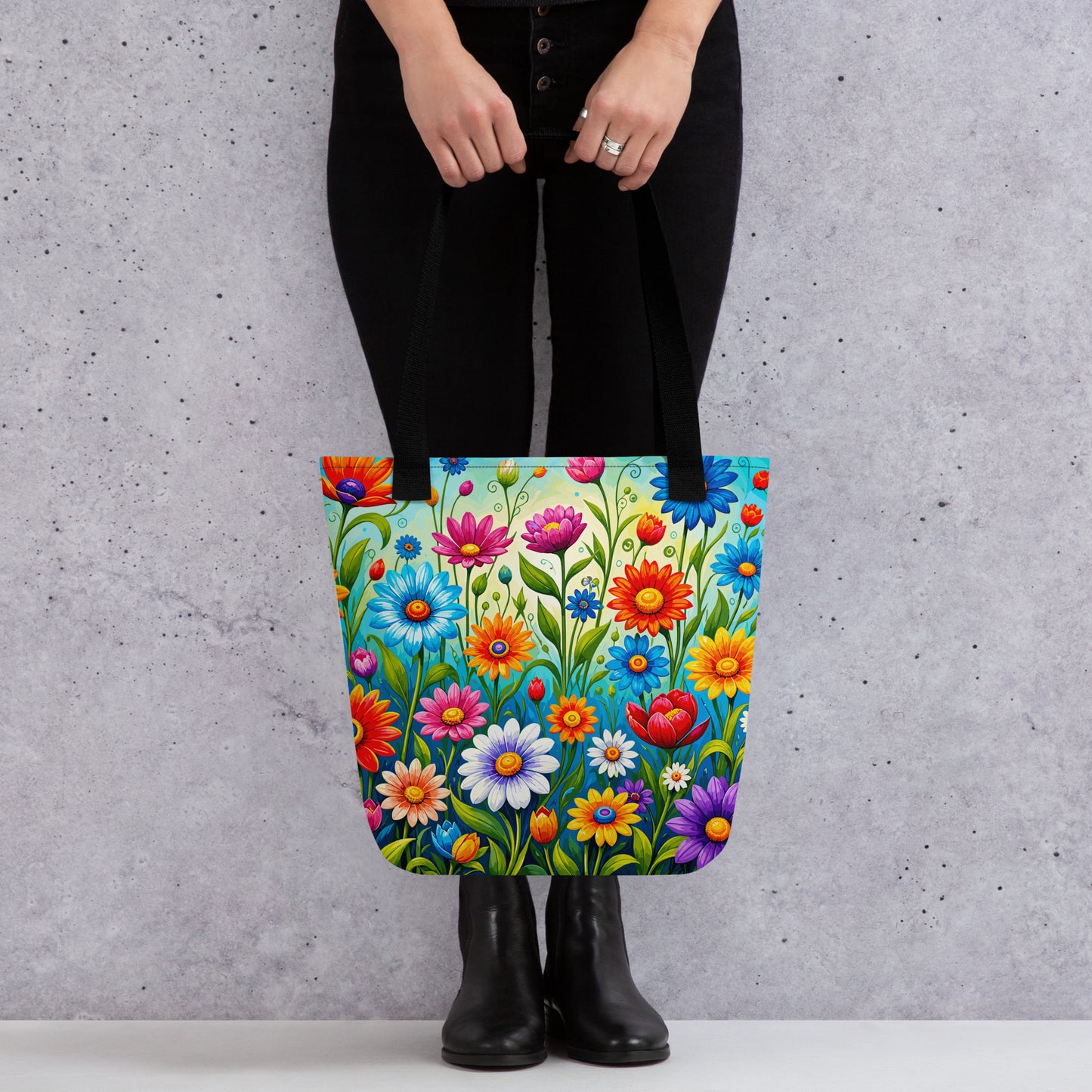 Vibrant retro flower power design featuring colorful daisies, blue, orange, and purple psychedelic boho garden artwork.
