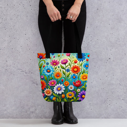 Vibrant retro flower power design featuring colorful daisies, blue, orange, and purple psychedelic boho garden artwork.