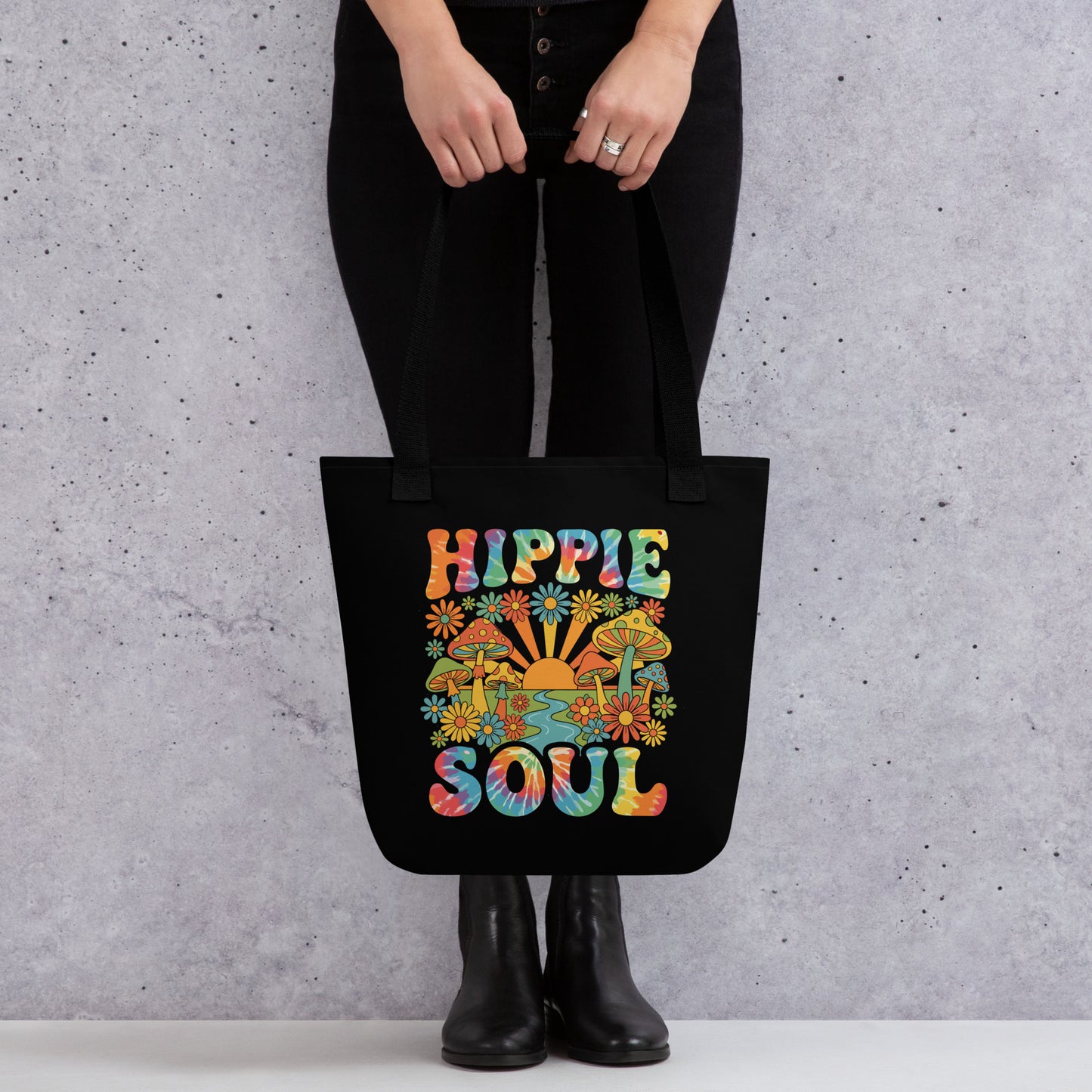 Retro Hippie Soul polyester tote bag featuring colorful mushrooms, daisies, sunburst, and tie-dye typography.