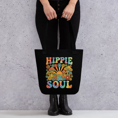 Retro Hippie Soul polyester tote bag featuring colorful mushrooms, daisies, sunburst, and tie-dye typography.