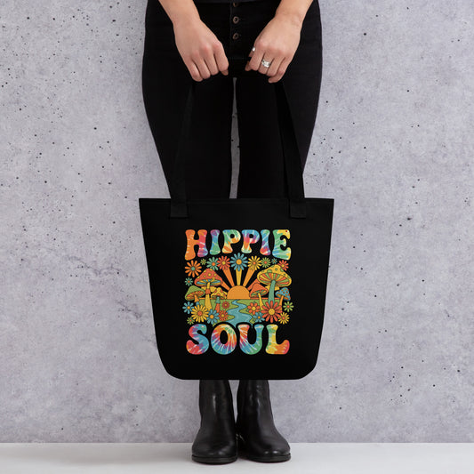 Retro Hippie Soul polyester tote bag featuring colorful mushrooms, daisies, sunburst, and tie-dye typography.
