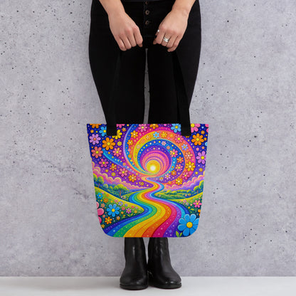 Psychedelic tote bag featuring a vibrant rainbow road winding through green hills with colorful daisy flowers