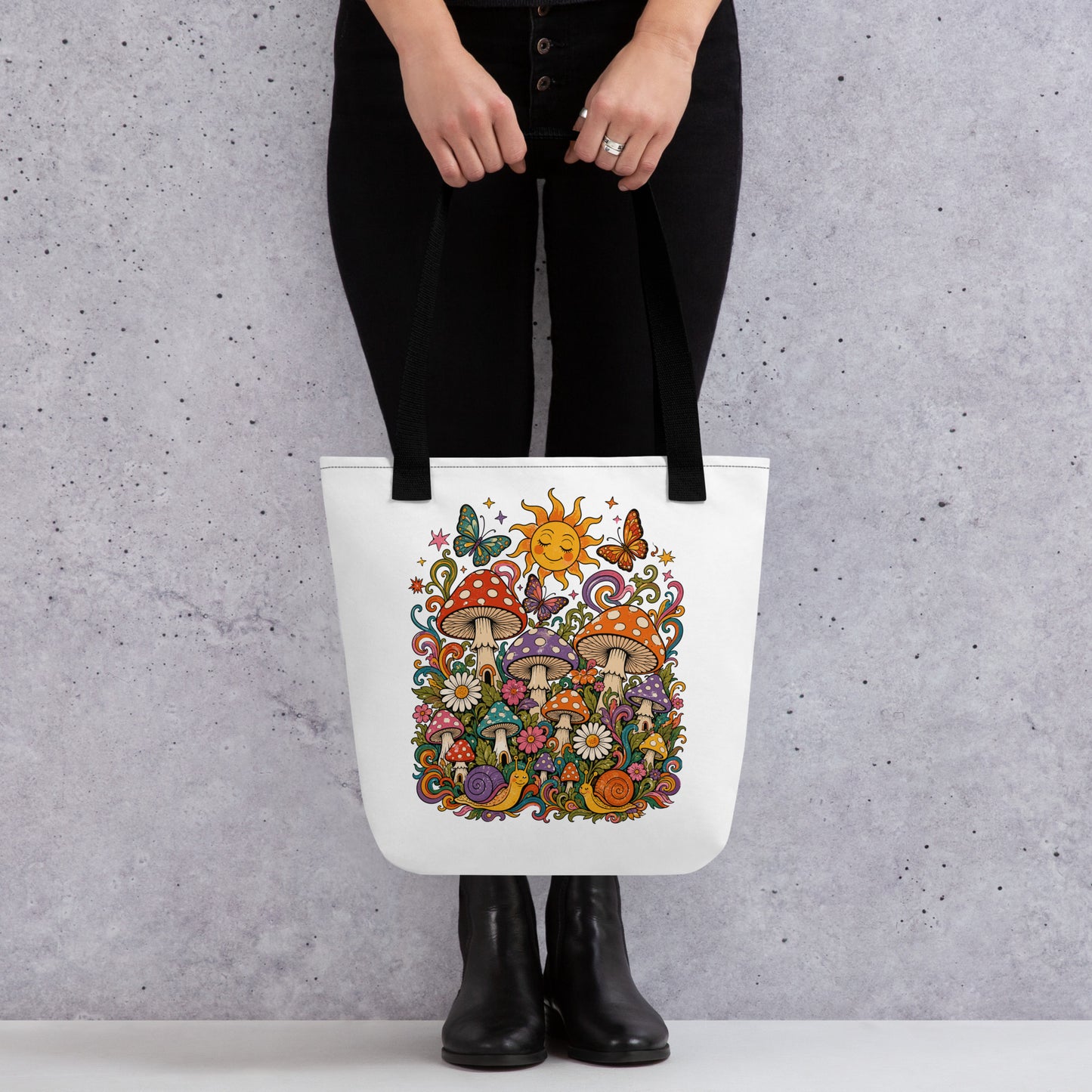Colorful 70s retro polyester tote bag featuring psychedelic mushrooms, smiling snails, butterflies, and a sunny sky.
