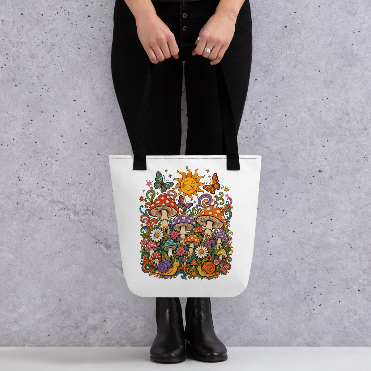 Colorful 70s retro polyester tote bag featuring psychedelic mushrooms, smiling snails, butterflies, and a sunny sky.