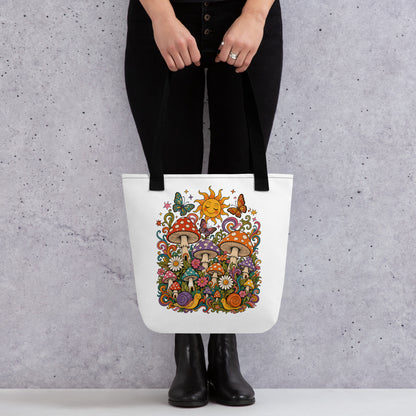 Colorful 70s retro polyester tote bag featuring psychedelic mushrooms, smiling snails, butterflies, and a sunny sky.