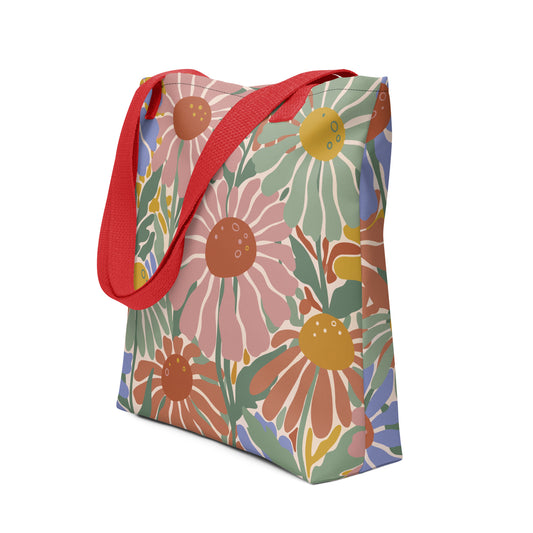 tote bag featuring a retro 70s floral pattern in pink, green, and blue by Far Out Goods