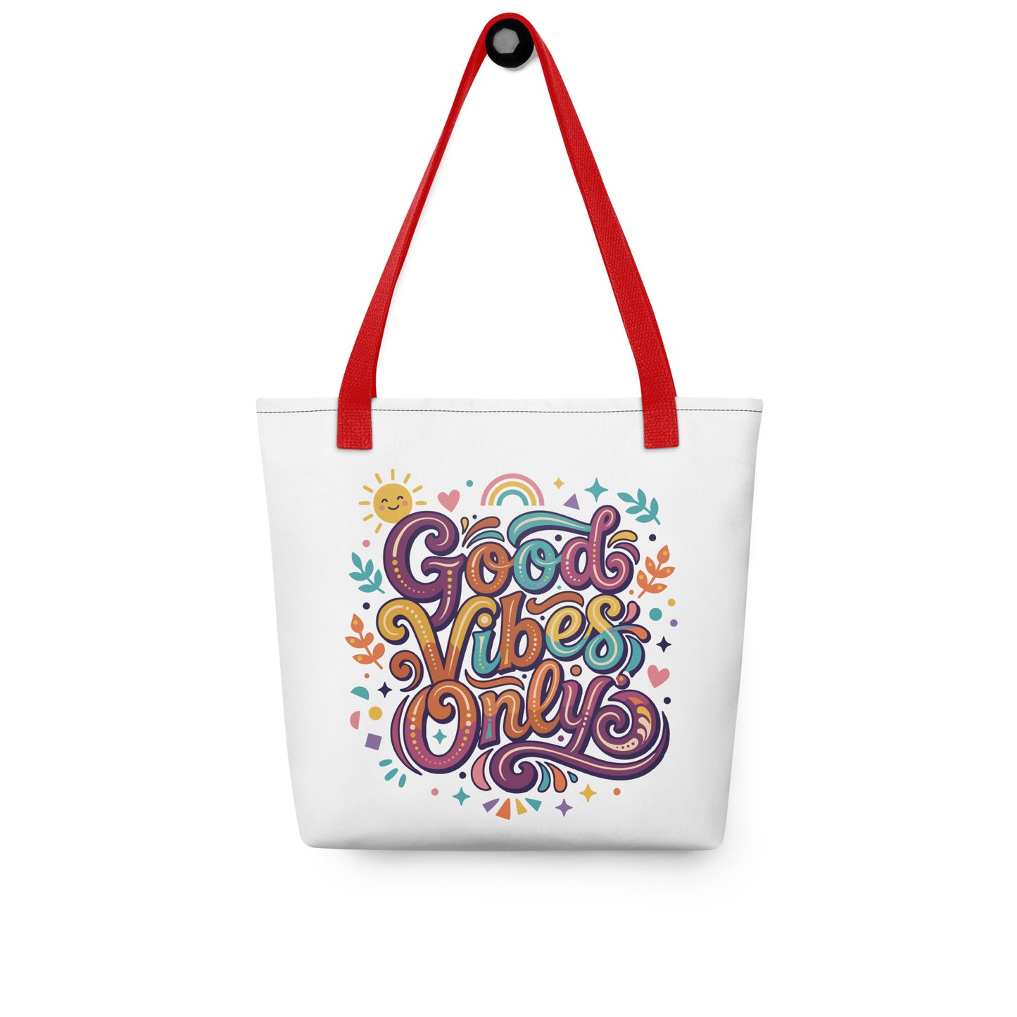 tote bag with 'Good Vibes Only' groovy text, rainbows, and smiling sun in a vibrant 70s psychedelic style.