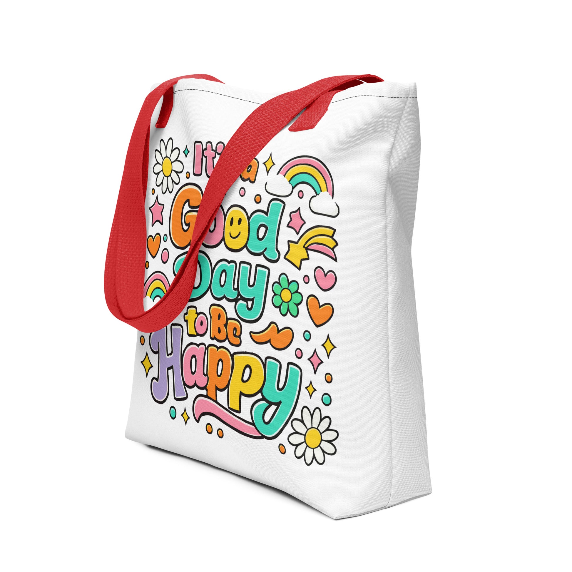 Retro 70s tote bag design with "It's a Good Day to Be Happy" text, rainbows, and daisies on a black background.