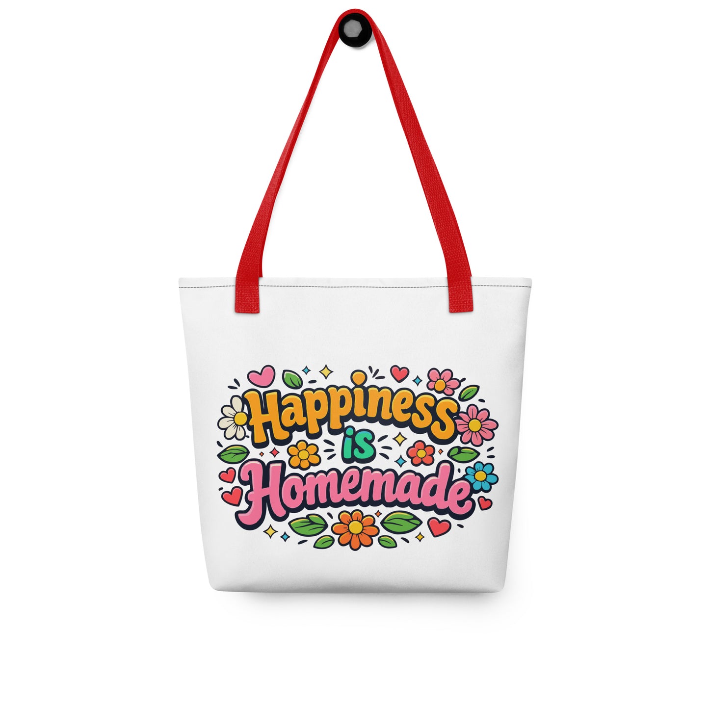Retro tote bag featuring 'Happiness is Homemade' text with 1970s style flowers and hearts on a black background.