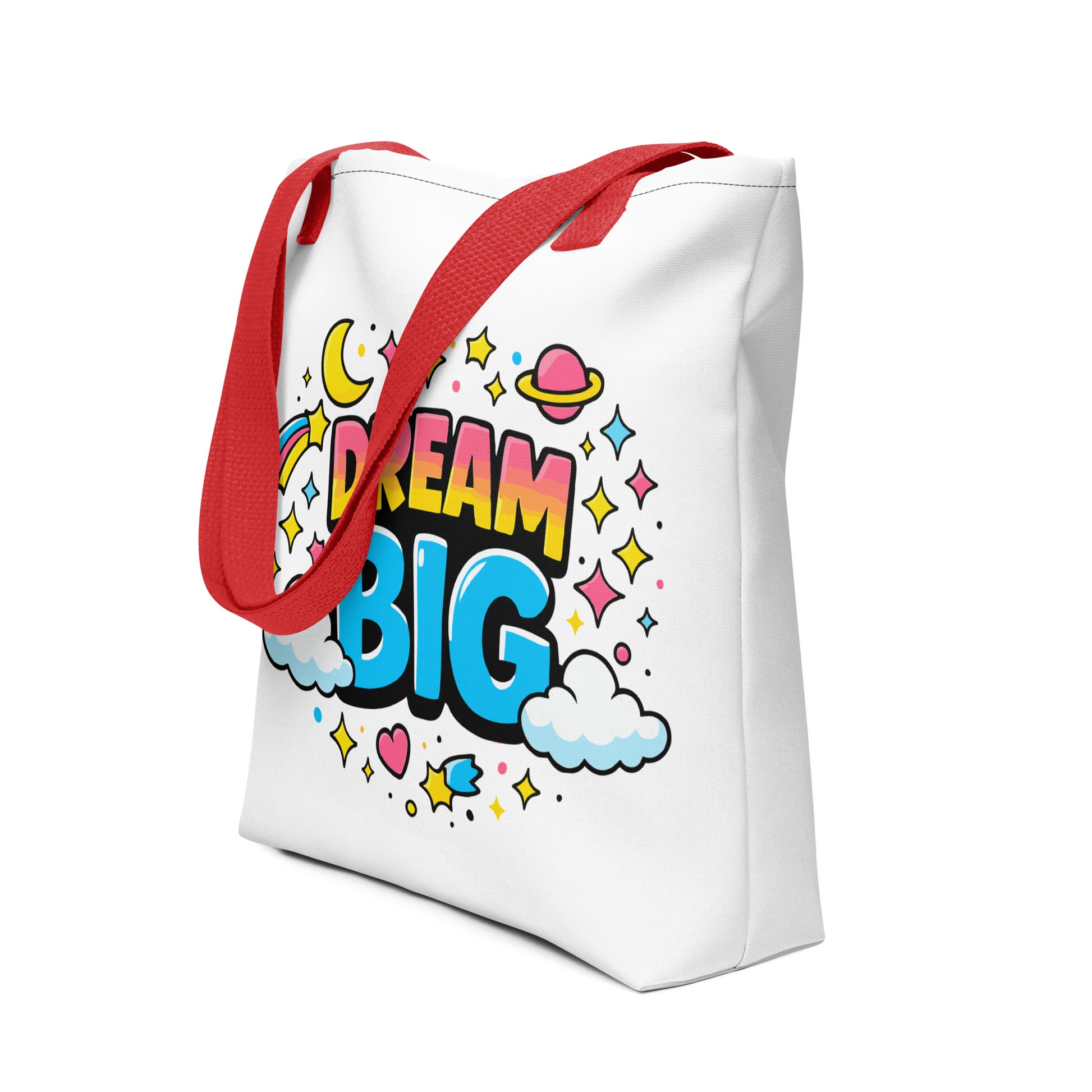Colorful "Dream Big" text with stars, planets, and clouds in a retro 70s style on a black background tote bag.