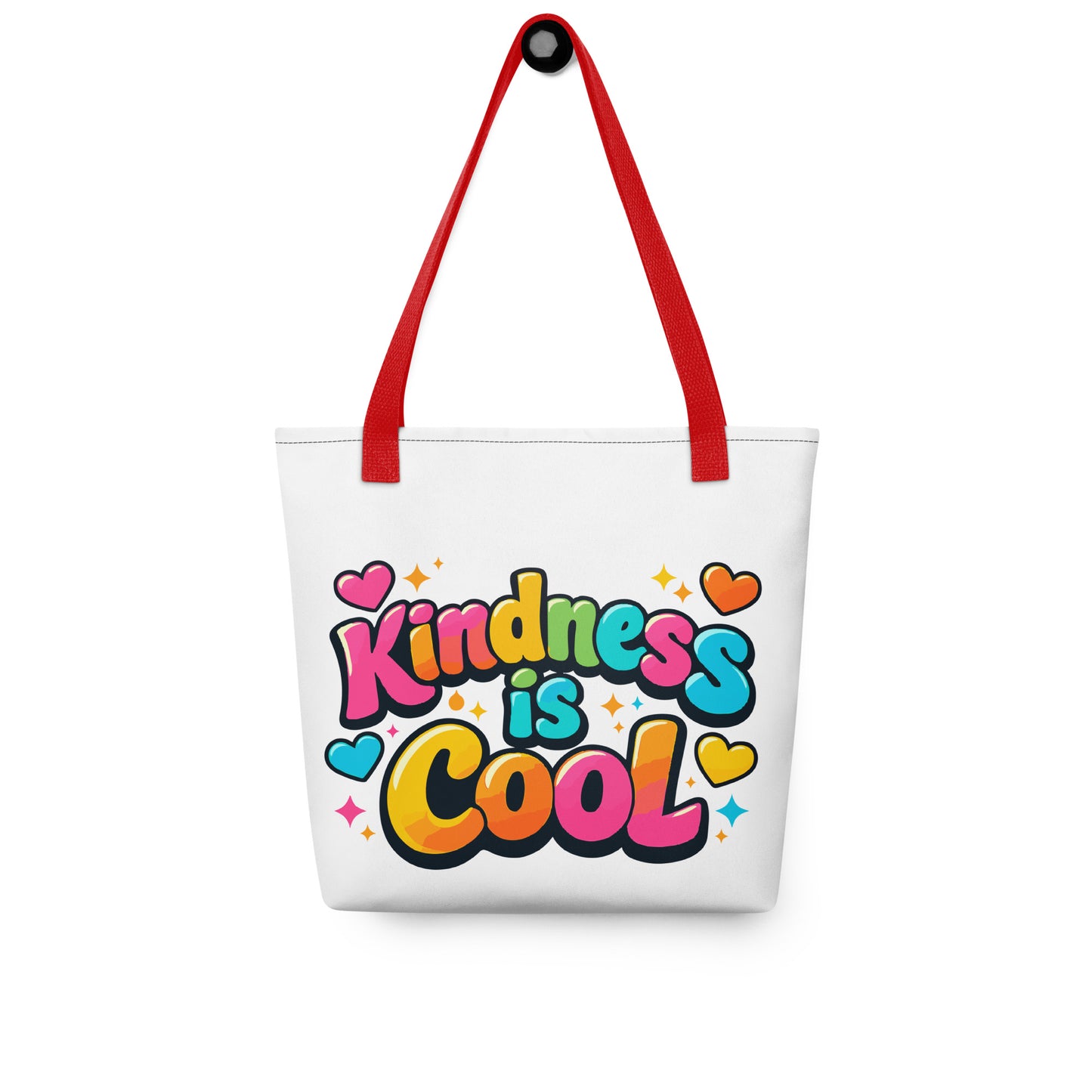 Vibrant 3D bubble lettering saying Kindness is Cool with colorful hearts and stars on a black background for a tote bag.