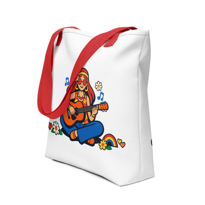 Retro illustration of a hippie girl with round sunglasses playing guitar, surrounded by flowers, on a canvas tote bag.