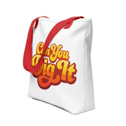 70s retro can you dig it typography in yellow orange gradient on a polyester tote bag