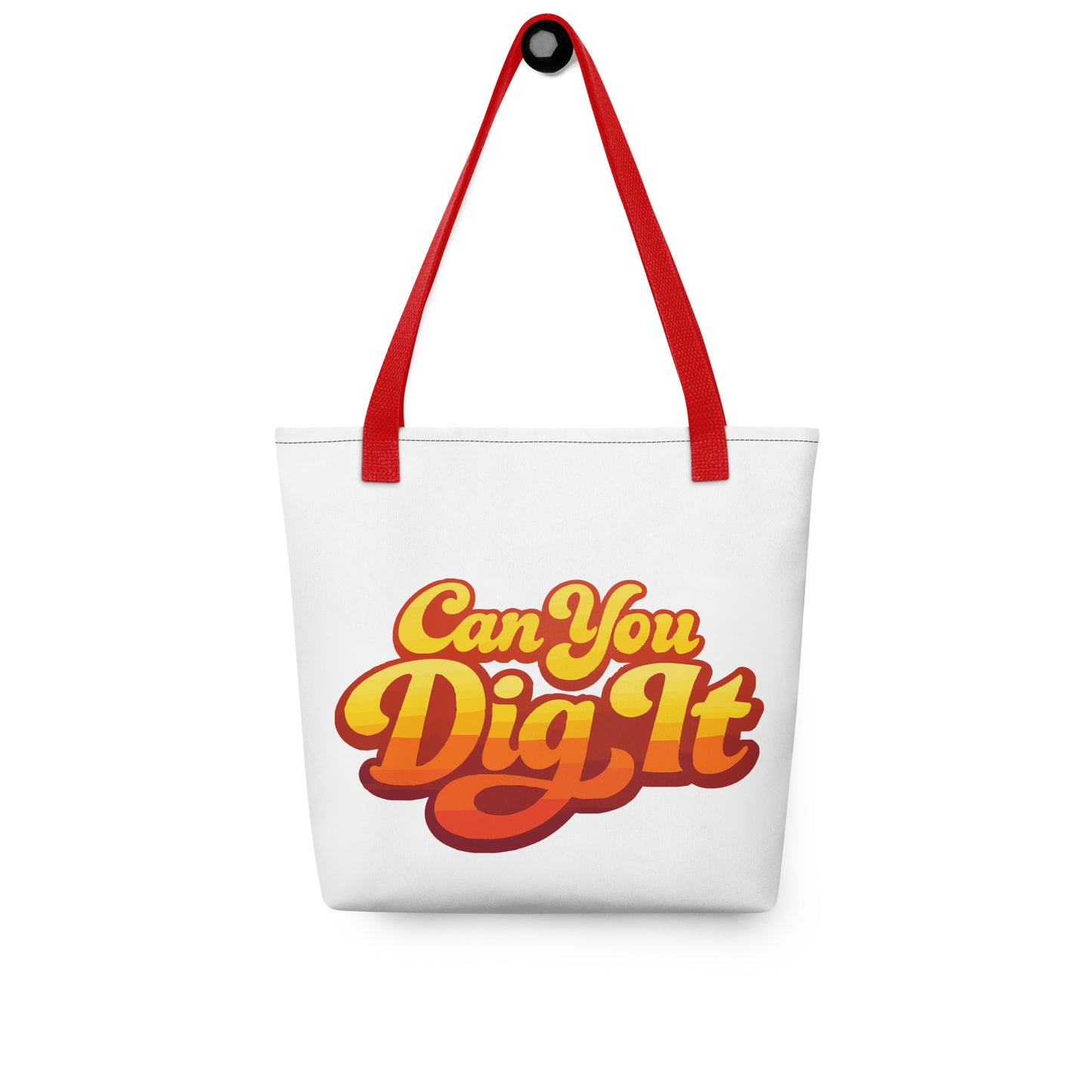 70s retro can you dig it typography in yellow orange gradient on a polyester tote bag
