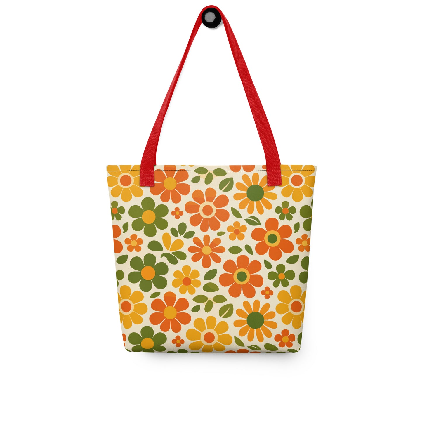Vibrant 1970s retro flower power pattern printed on a polyester tote bag with groovy orange and yellow daisy graphics.