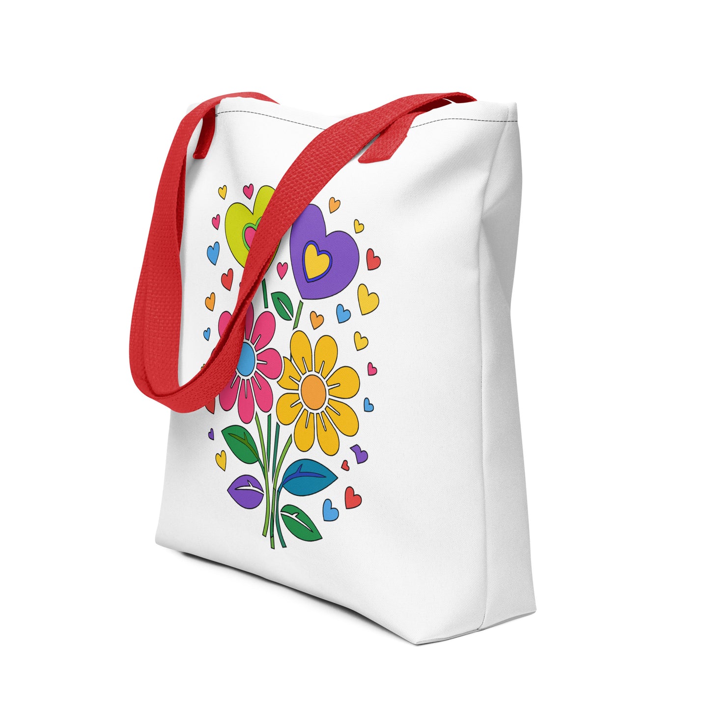 Bright 70s retro style illustration of pink and yellow daisy flowers with colorful heart bouquets. FaroutGoods