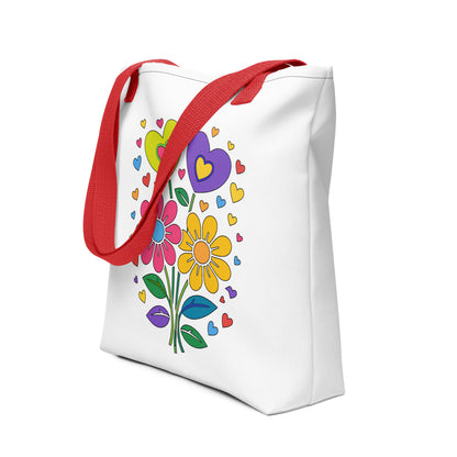 Bright 70s retro style illustration of pink and yellow daisy flowers with colorful heart bouquets. FaroutGoods