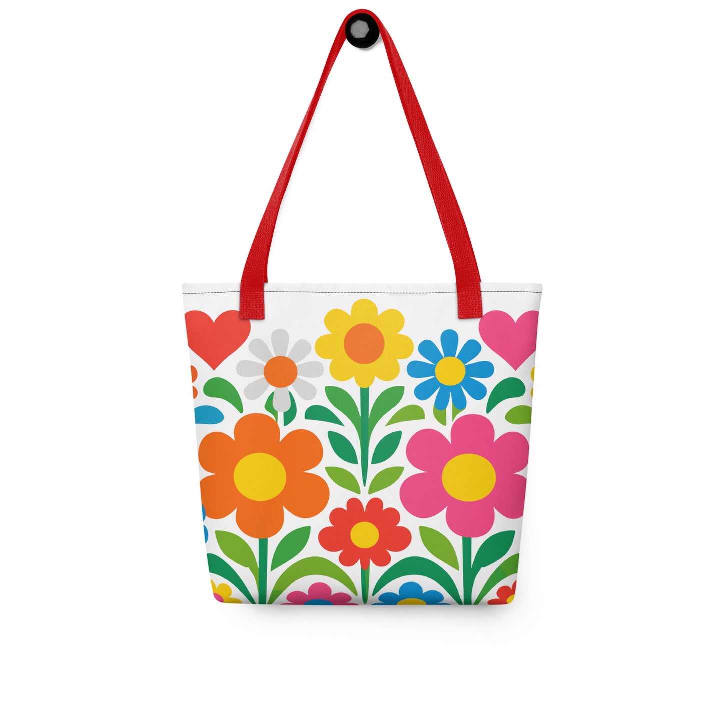 Vibrant 70s style retro flower power design with colorful daisies and hearts printed on a white tote bag. faroutgoods.