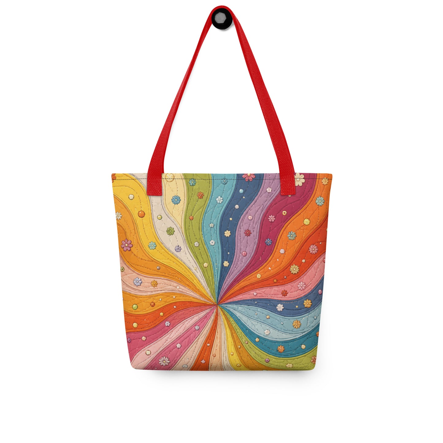 Polyester tote bag featuring a 70s retro rainbow quilt sunburst design with colorful swirling wavy stripes and tiny flowers.