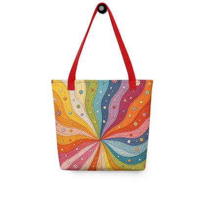 Polyester tote bag featuring a 70s retro rainbow quilt sunburst design with colorful swirling wavy stripes and tiny flowers.