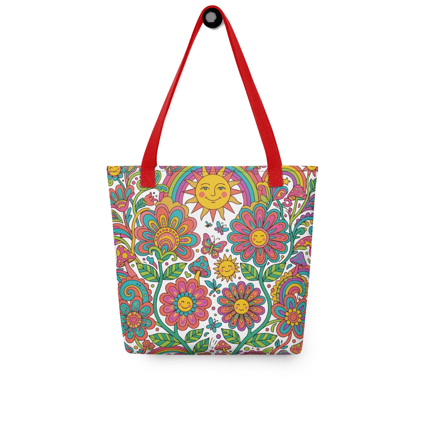Retro 70s psychedelic style illustration with colorful smiling flowers, a happy sun, vibrant rainbows, and mushrooms.