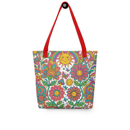 Retro 70s psychedelic style illustration with colorful smiling flowers, a happy sun, vibrant rainbows, and mushrooms.