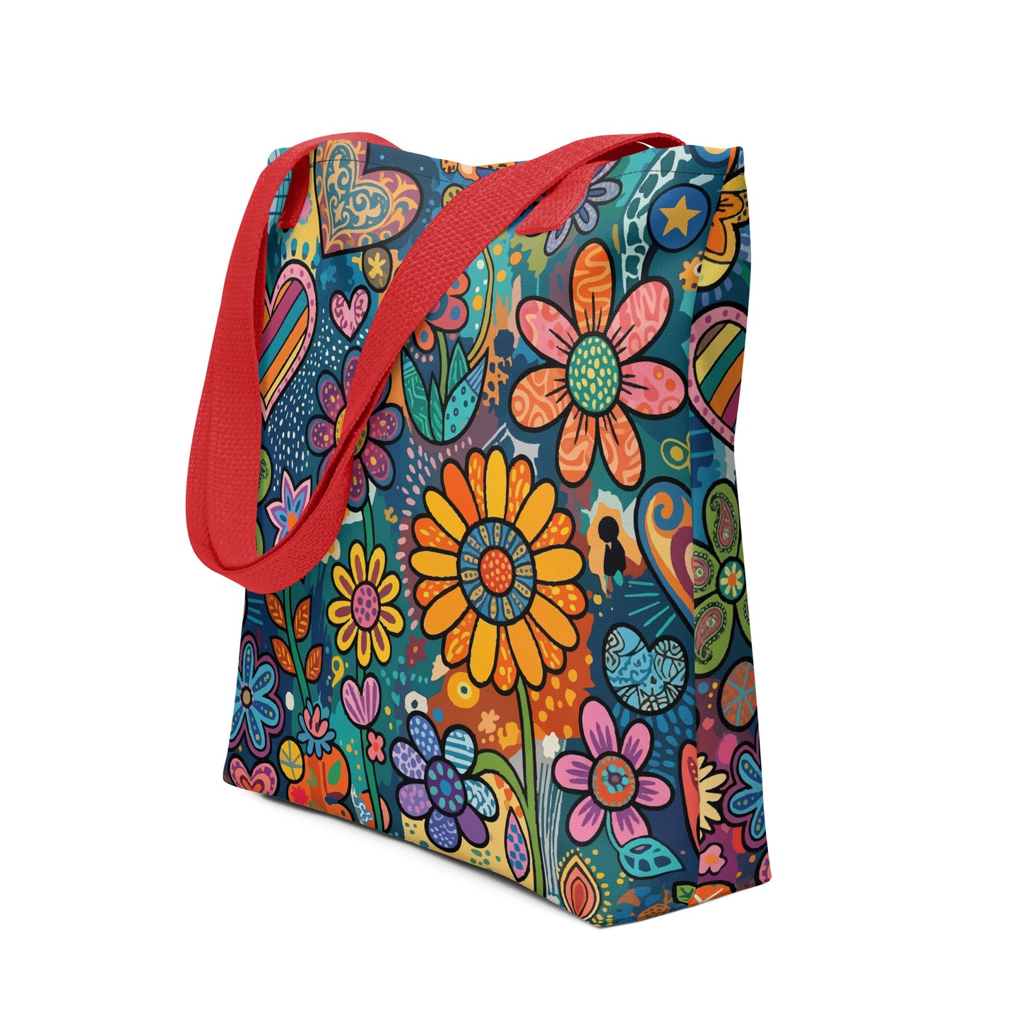 Retro psychedelic polyester tote bag featuring vibrant 60s flower power graphics, colorful hearts, and boho doodle art.