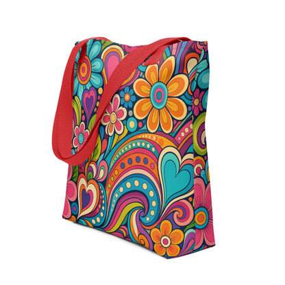 Polyester tote bag featuring a colorful 70s psychedelic doodle pattern of groovy flowers, retro swirls, and hearts.