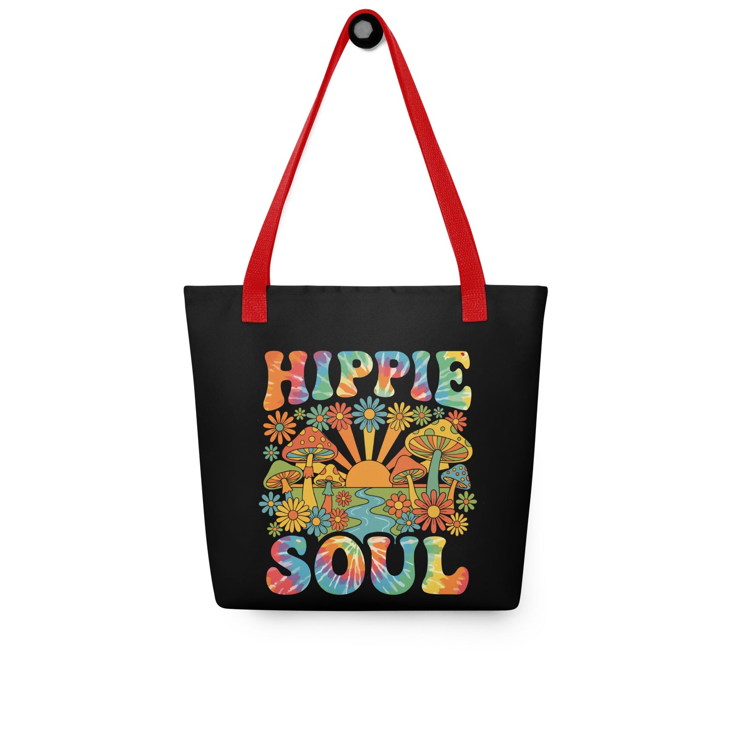 Retro Hippie Soul polyester tote bag featuring colorful mushrooms, daisies, sunburst, and tie-dye typography.
