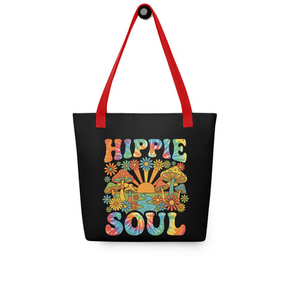 Retro Hippie Soul polyester tote bag featuring colorful mushrooms, daisies, sunburst, and tie-dye typography.