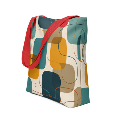 Retro geometric polyester tote bag featuring mid-century rounded squares and lines in teal, mustard yellow, and orange.