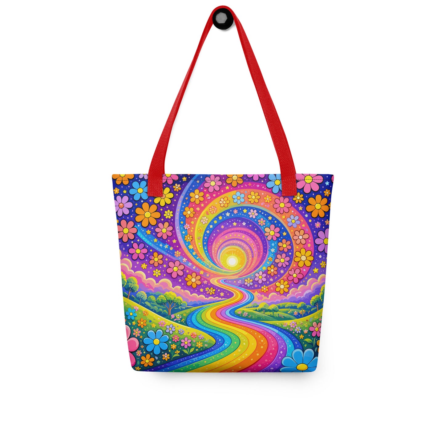 Psychedelic tote bag featuring a vibrant rainbow road winding through green hills with colorful daisy flowers