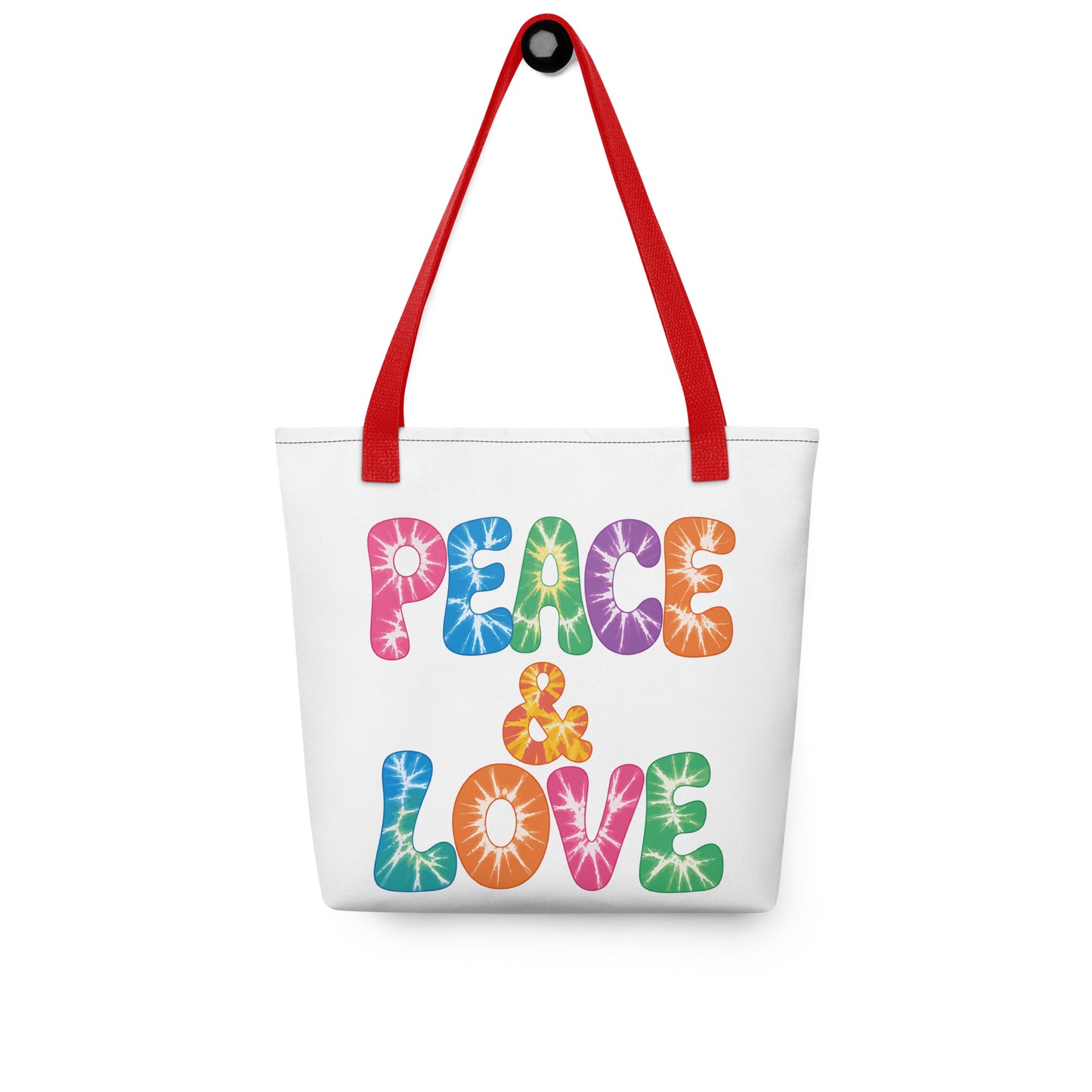 Retro tie-dye Peace and Love lettering printed on a reusable black polyester tote bag with vibrant 60s rainbow font.