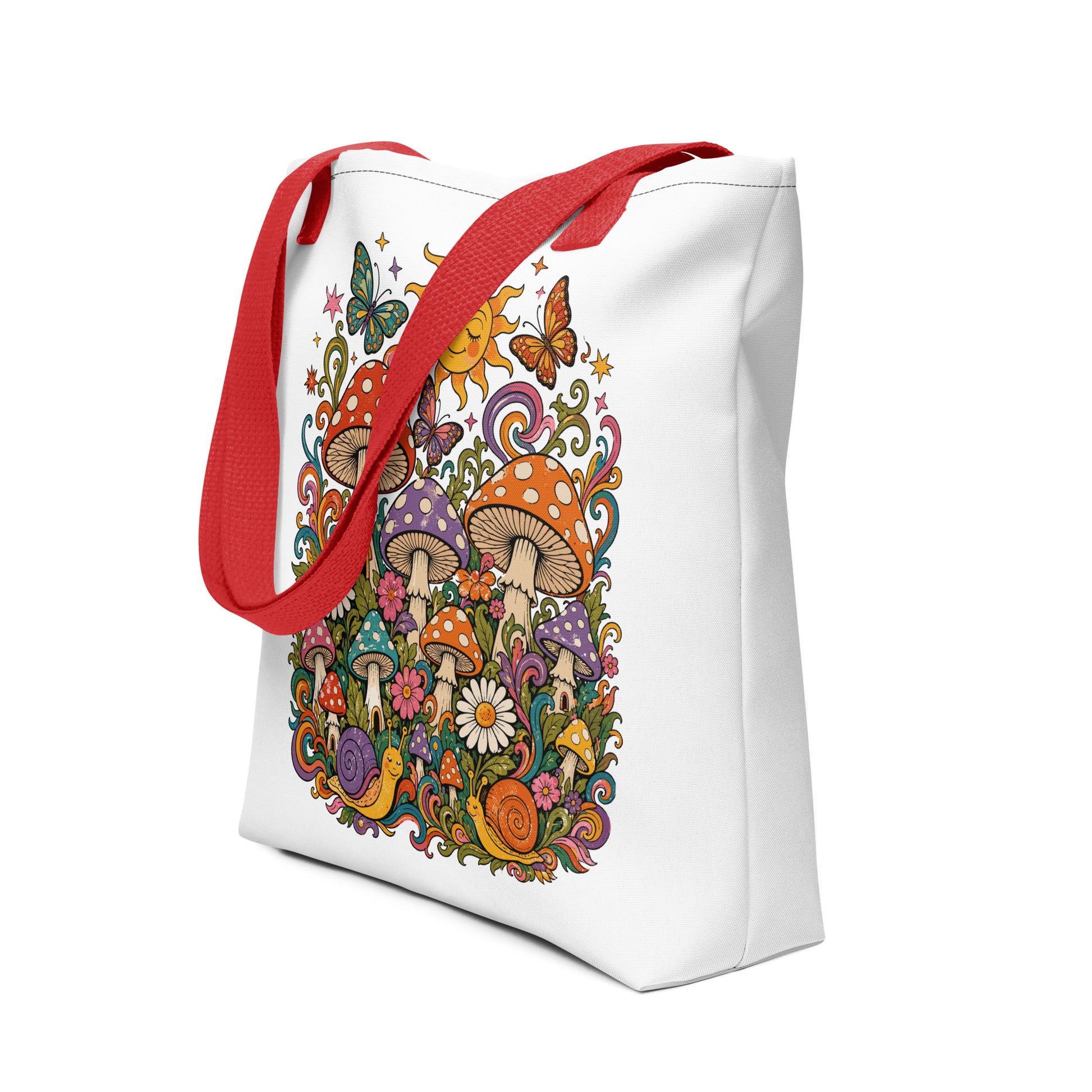 Colorful 70s retro polyester tote bag featuring psychedelic mushrooms, smiling snails, butterflies, and a sunny sky.