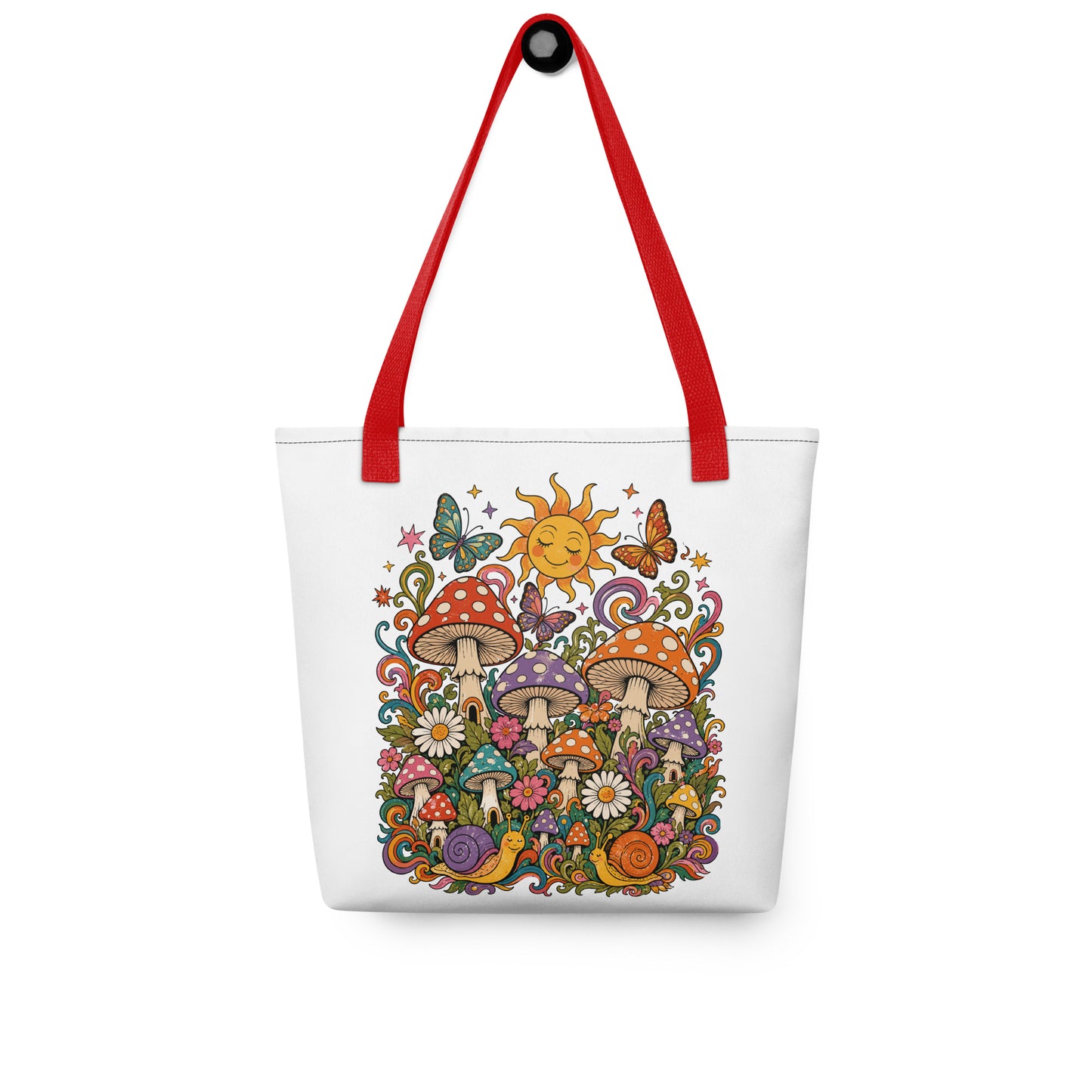 Colorful 70s retro polyester tote bag featuring psychedelic mushrooms, smiling snails, butterflies, and a sunny sky.