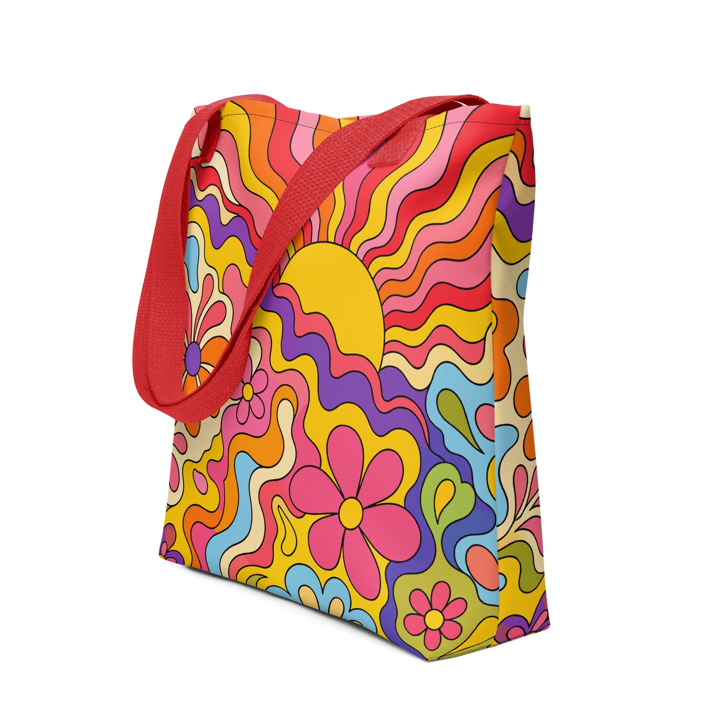 Vibrant 1970s psychedelic tote bag featuring a wavy retro sunburst sunset surrounded by colorful groovy flowers.