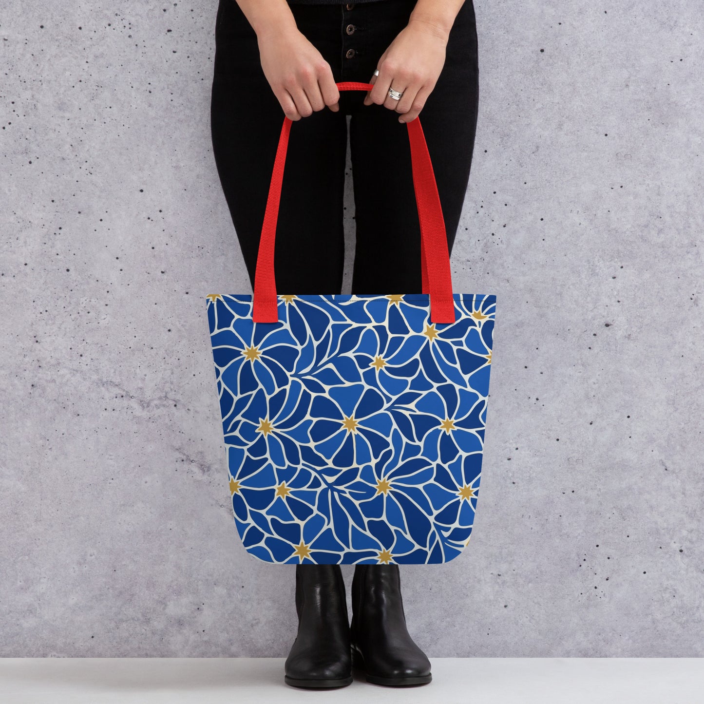 Mosaic pattern tote bag with vibrant blue flowers and gold star centers in a modern boho style by Far Out Goods