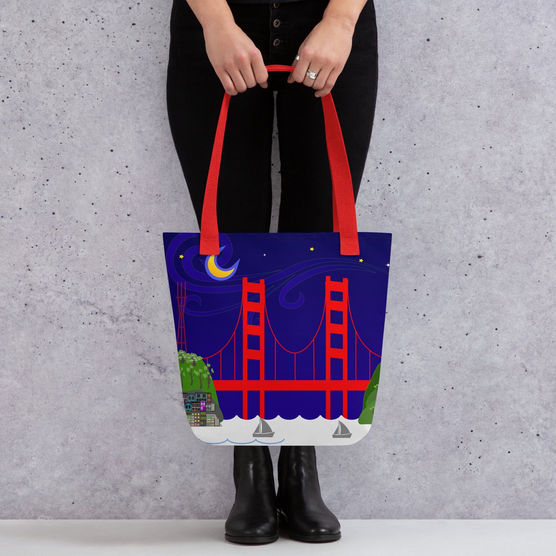 Illustration of Golden Gate Bridge and Sutro Tower under a starry night sky with a crescent moon on a tote bag.
