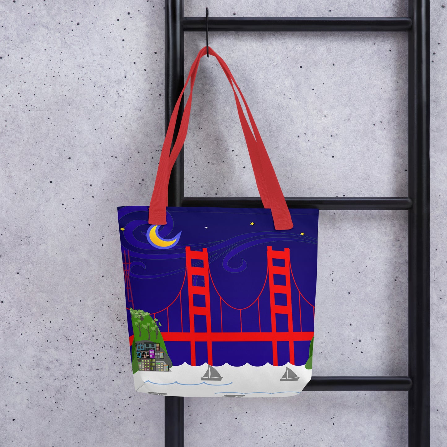 Illustration of Golden Gate Bridge and Sutro Tower under a starry night sky with a crescent moon on a tote bag.
