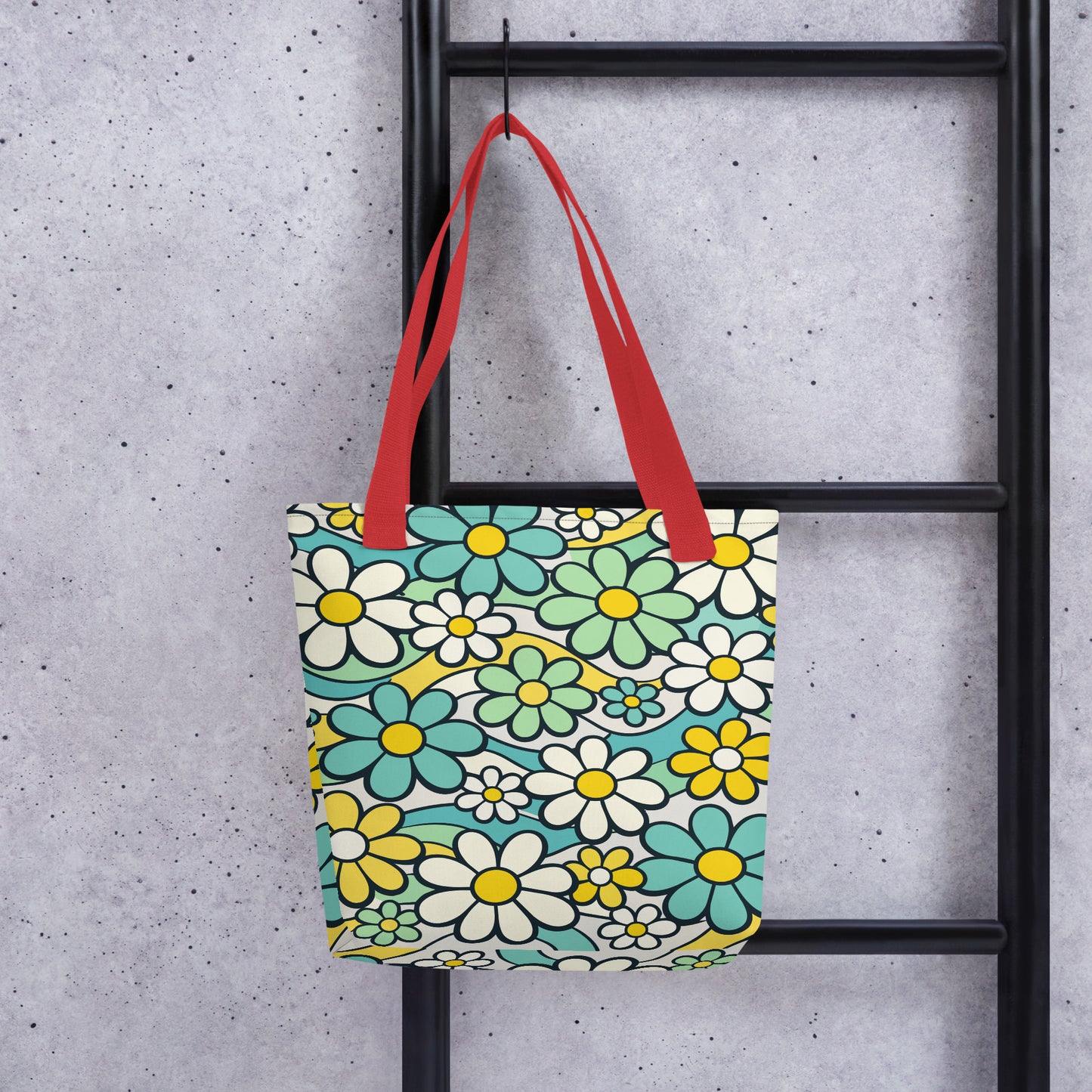 Reusable tote bag featuring a seamless 70s retro floral pattern with teal and yellow daisies and wavy lines.