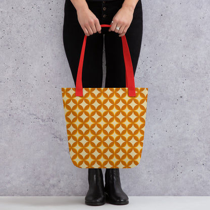 Repeating geometric pattern of interlocking orange and cream circles and stars in a 1970s retro vintage style.