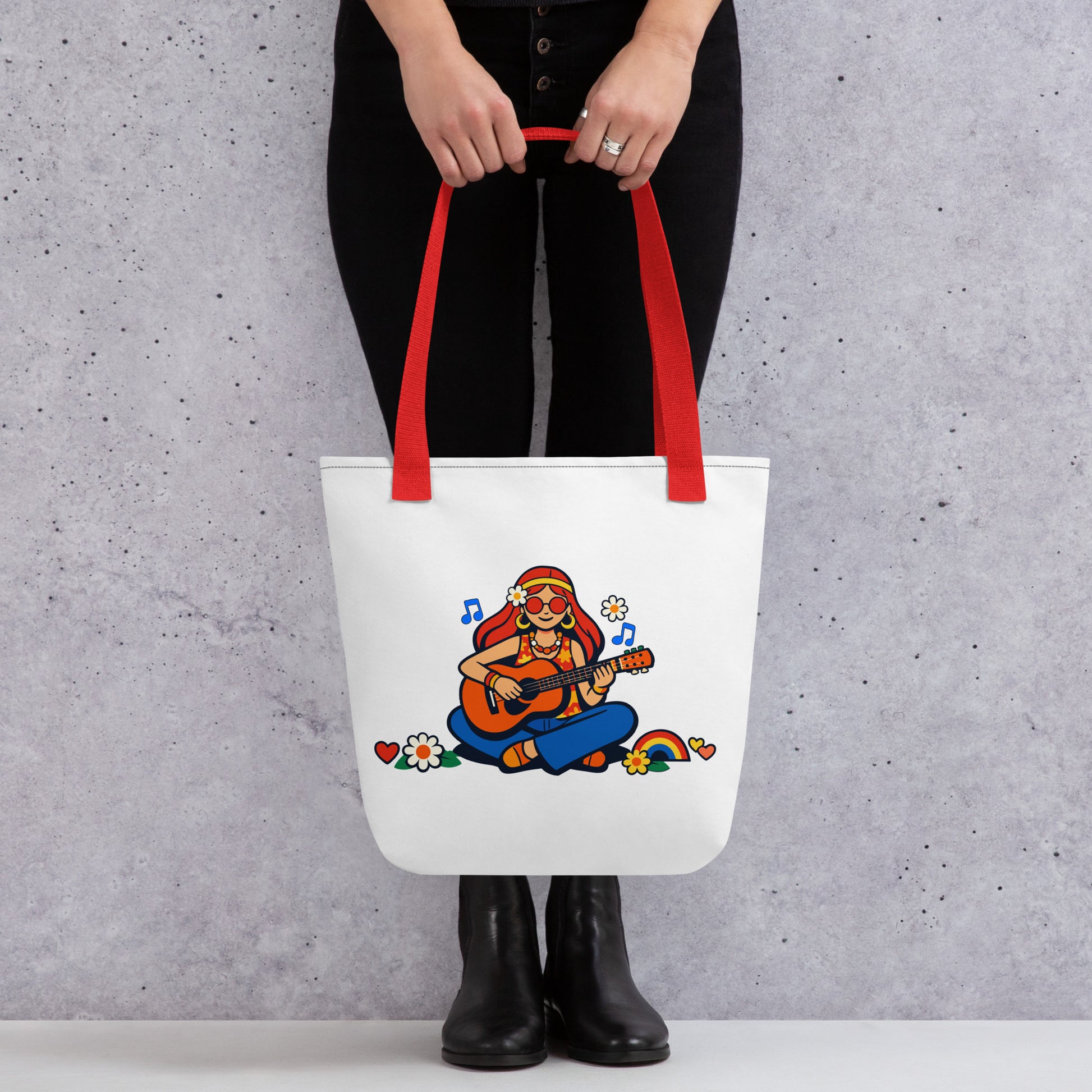 Retro illustration of a hippie girl with round sunglasses playing guitar, surrounded by flowers, on a canvas tote bag.