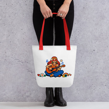 Retro illustration of a hippie girl with round sunglasses playing guitar, surrounded by flowers, on a canvas tote bag.
