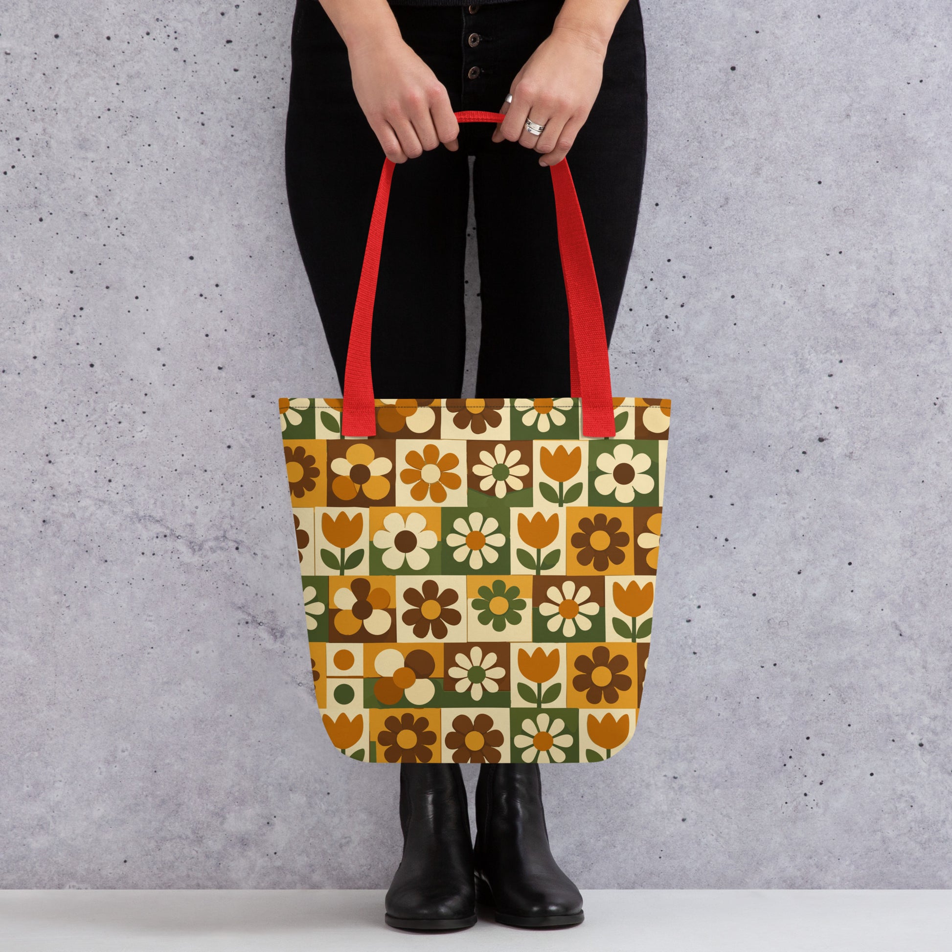 Polyester tote bag featuring a 70s retro floral tile pattern in orange, brown, and green from Far Out Goods.