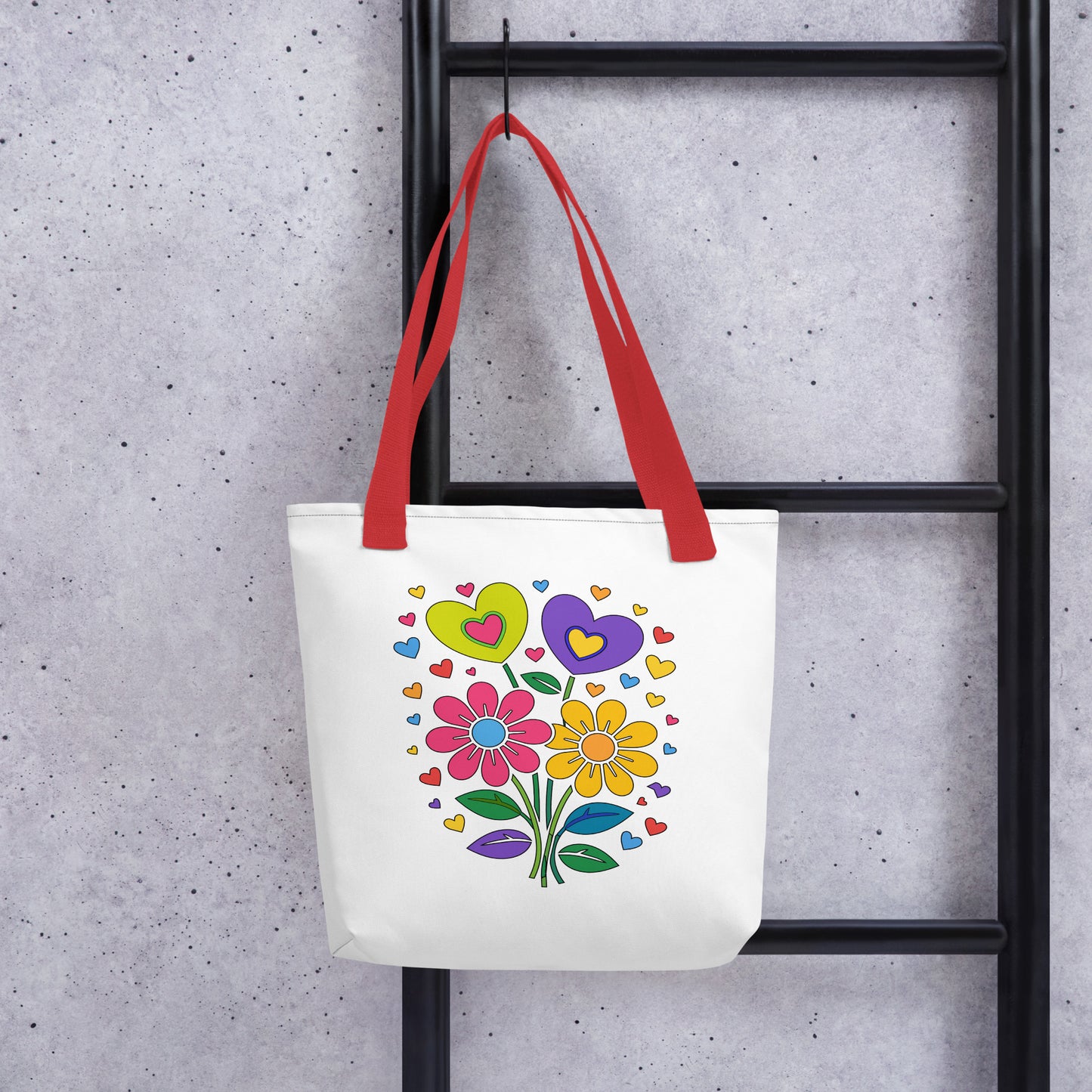 Bright 70s retro style illustration of pink and yellow daisy flowers with colorful heart bouquets. FaroutGoods