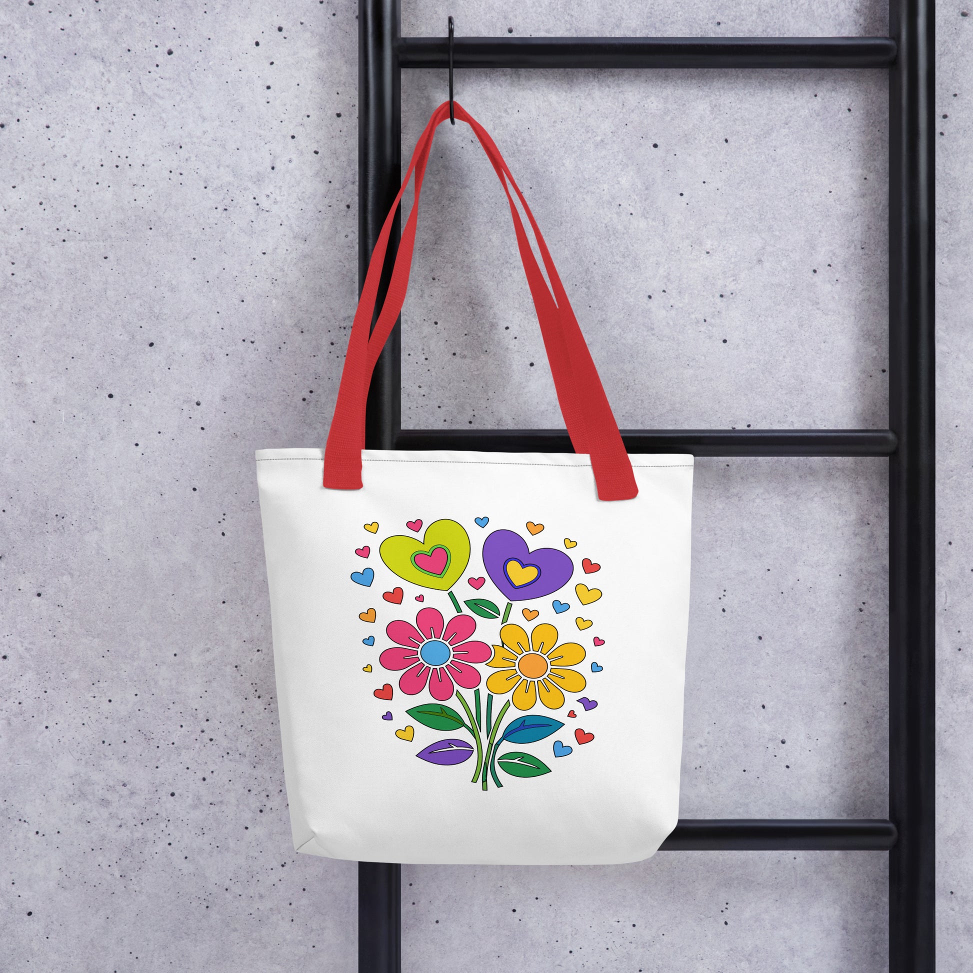 Bright 70s retro style illustration of pink and yellow daisy flowers with colorful heart bouquets. FaroutGoods
