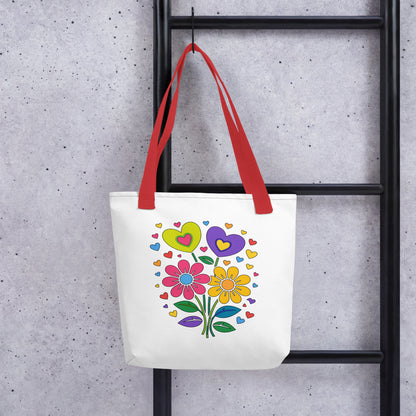 Bright 70s retro style illustration of pink and yellow daisy flowers with colorful heart bouquets. FaroutGoods
