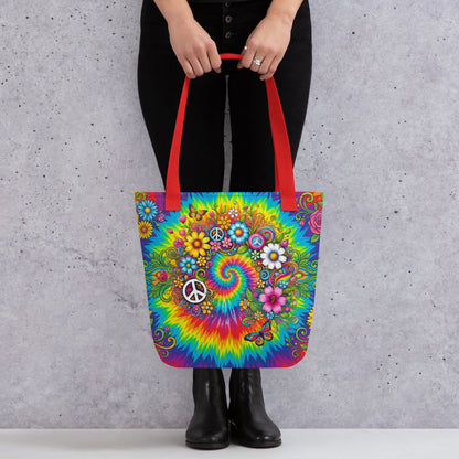 Vibrant psychedelic tie dye polyester tote bag featuring retro floral designs, butterflies, and white peace signs.