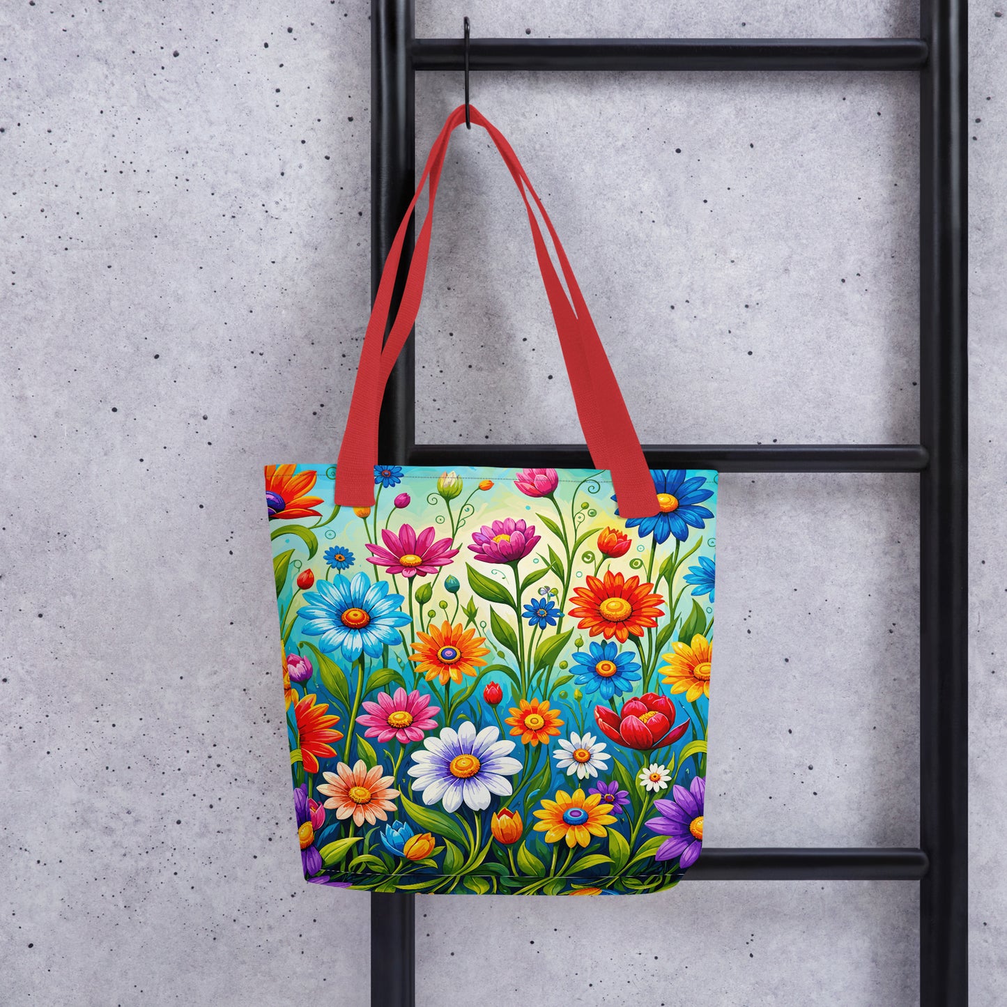 Vibrant retro flower power design featuring colorful daisies, blue, orange, and purple psychedelic boho garden artwork.